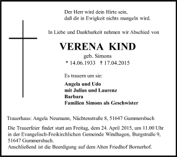 Anzeige von Verena Kind von Kölner Stadt-Anzeiger / Kölnische Rundschau / Express