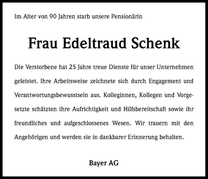  Traueranzeige für Edeltraud Schenk vom 02.04.2015 aus Kölner Stadt-Anzeiger / Kölnische Rundschau / Express