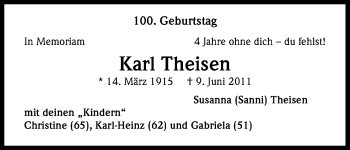 Anzeige von Karl Theisen von Kölner Stadt-Anzeiger / Kölnische Rundschau / Express
