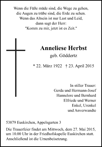 Anzeige von Anneliese Herbst von  Blickpunkt Euskirchen 