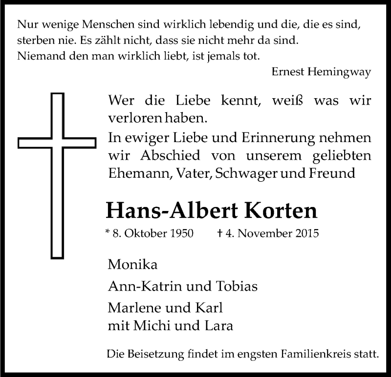  Traueranzeige für Hans-Albert Korten vom 07.11.2015 aus Kölner Stadt-Anzeiger / Kölnische Rundschau / Express