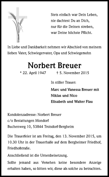 Anzeige von Norbert Breuer von Kölner Stadt-Anzeiger / Kölnische Rundschau / Express
