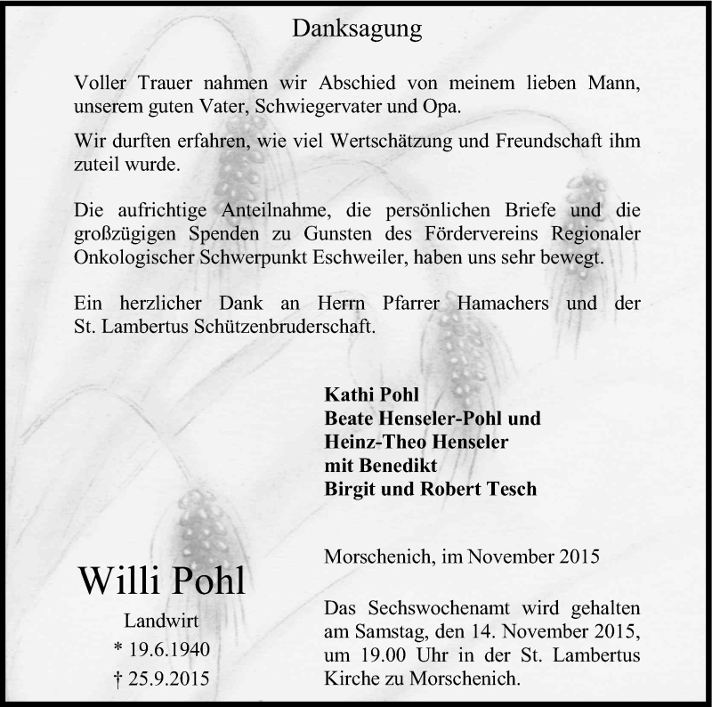  Traueranzeige für Willi Pohl vom 07.11.2015 aus Kölner Stadt-Anzeiger / Kölnische Rundschau / Express
