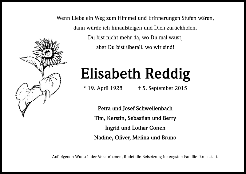  Traueranzeige für Elisabeth Reddig vom 12.09.2015 aus Kölner Stadt-Anzeiger / Kölnische Rundschau / Express