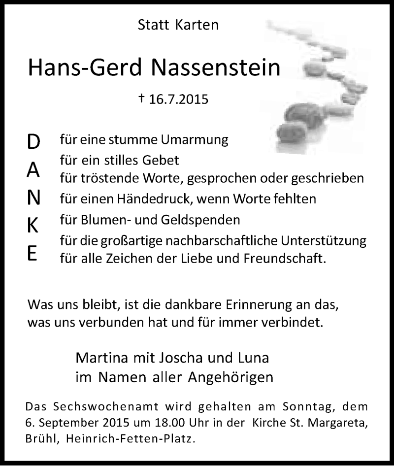  Traueranzeige für Hans-Gerd Nassenstein vom 29.08.2015 aus Kölner Stadt-Anzeiger / Kölnische Rundschau / Express