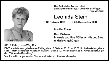 Anzeige von Leonida Stein von Köln - Wir Trauern