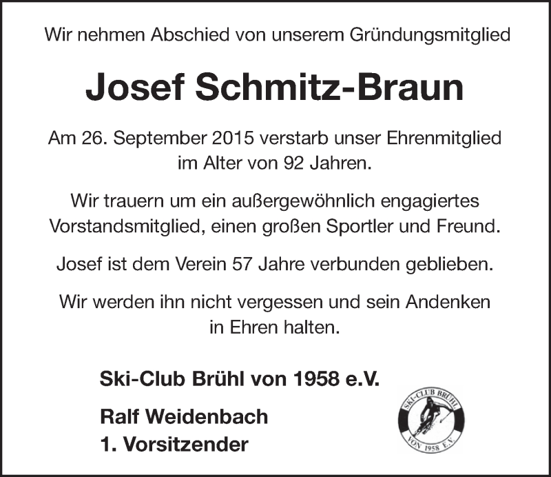  Traueranzeige für Josef Schmitz-Braun vom 07.10.2015 aus  Schlossbote/Werbekurier 