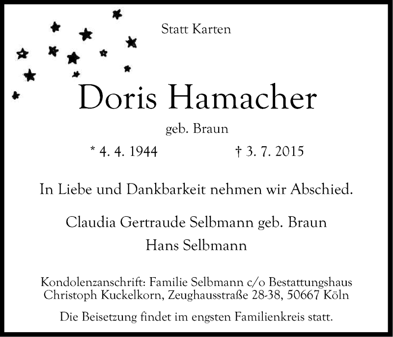  Traueranzeige für Doris Hamacher vom 11.07.2015 aus Kölner Stadt-Anzeiger / Kölnische Rundschau / Express