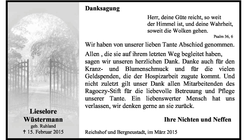  Traueranzeige für Lieselore Wüstermann vom 28.03.2015 aus Kölner Stadt-Anzeiger / Kölnische Rundschau / Express