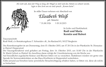 Anzeige von Elisabeth Weiß von Kölner Stadt-Anzeiger / Kölnische Rundschau / Express