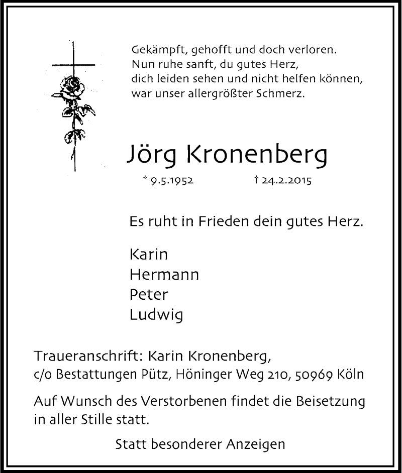  Traueranzeige für Jörg Kronenberg vom 07.03.2015 aus Kölner Stadt-Anzeiger / Kölnische Rundschau / Express