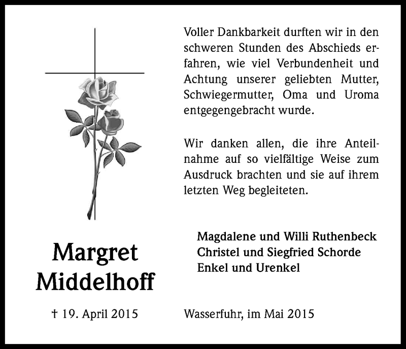  Traueranzeige für Margret Middelhoff vom 27.05.2015 aus Kölner Stadt-Anzeiger / Kölnische Rundschau / Express