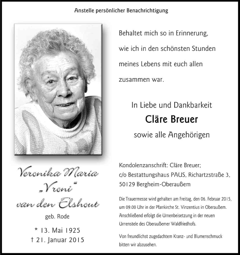  Traueranzeige für Veronika Maria van den Elshout vom 31.01.2015 aus Kölner Stadt-Anzeiger / Kölnische Rundschau / Express