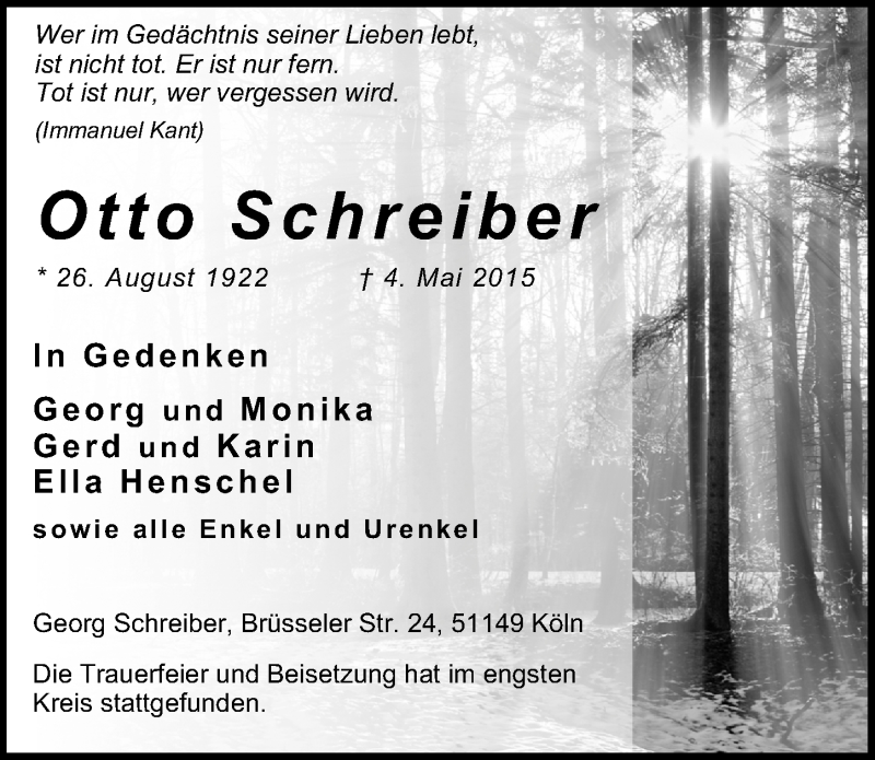  Traueranzeige für Otto Schreiber vom 20.05.2015 aus  Kölner Wochenspiegel 