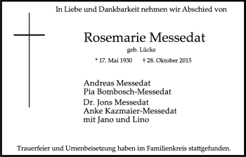 Anzeige von Rosemarie Messedat von Kölner Stadt-Anzeiger / Kölnische Rundschau / Express
