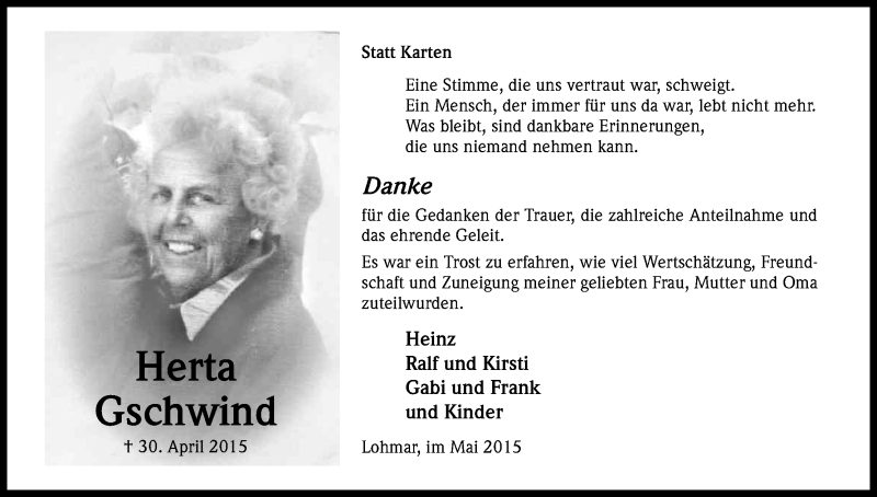  Traueranzeige für Herta Gschwind vom 23.05.2015 aus Kölner Stadt-Anzeiger / Kölnische Rundschau / Express