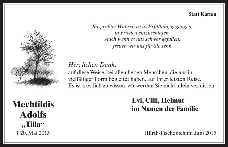  Traueranzeige für Mechtildis Adolfs vom 17.06.2015 aus  Wochenende 