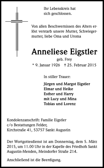 Anzeige von Anneliese Eigstler von Kölner Stadt-Anzeiger / Kölnische Rundschau / Express