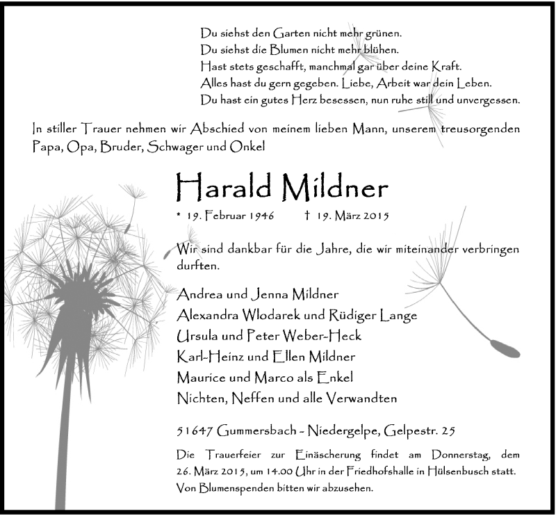  Traueranzeige für Harald Mildner vom 25.03.2015 aus  Anzeigen Echo 