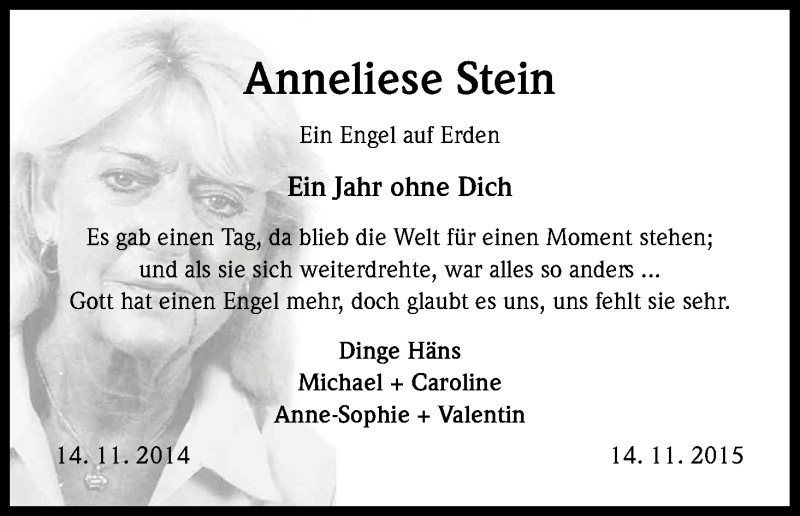  Traueranzeige für Anneliese Stein vom 14.11.2015 aus Köln - Wir Trauern