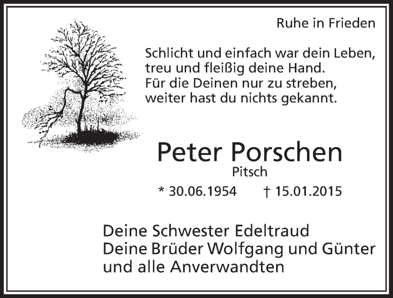 Traueranzeige für Peter Porschen vom 31.01.2015 aus  Sonntags-Post 