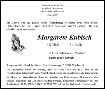 Anzeige von Margarete Kubisch von Kölner Stadt-Anzeiger / Kölnische Rundschau / Express