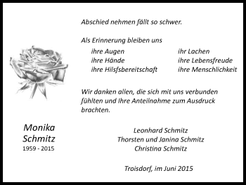 Anzeige von Monika Schmitz von Kölner Stadt-Anzeiger / Kölnische Rundschau / Express