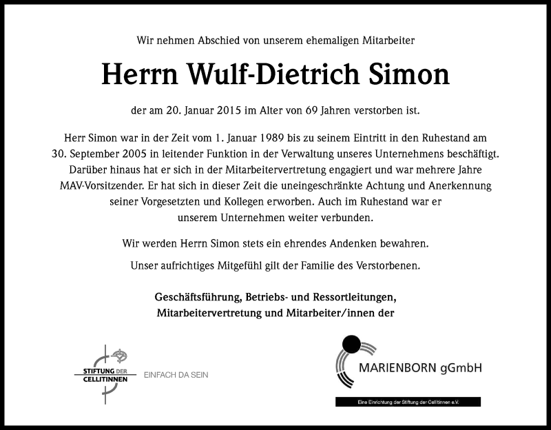  Traueranzeige für Wulf-Dietrich Simon vom 28.01.2015 aus Kölner Stadt-Anzeiger / Kölnische Rundschau / Express