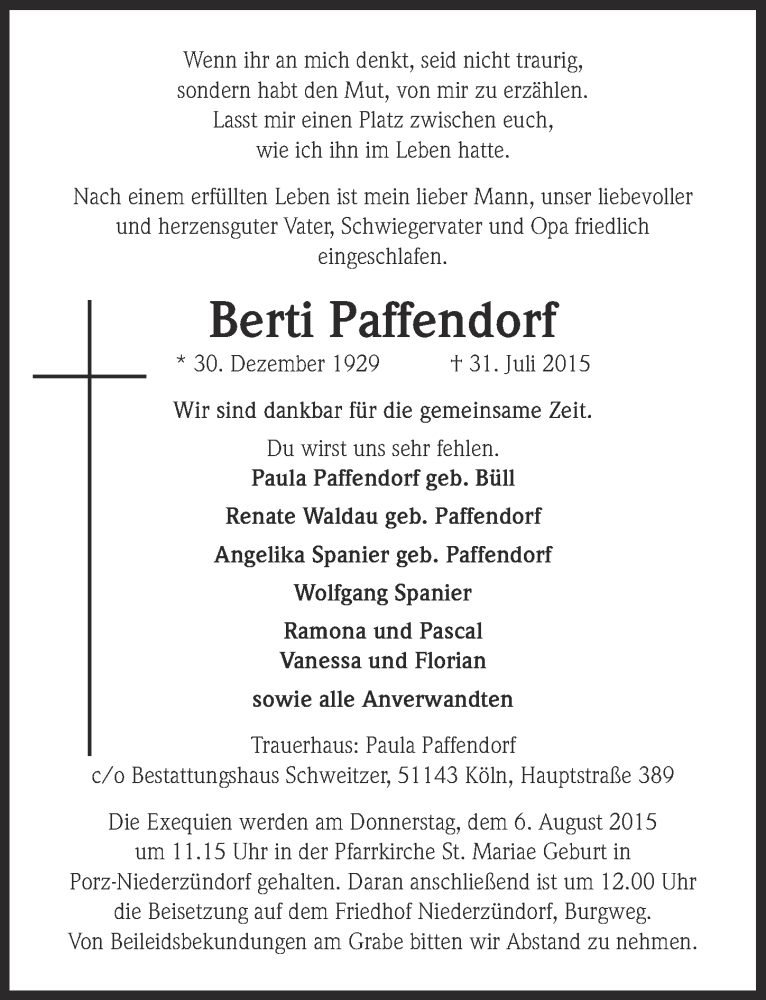  Traueranzeige für Berti Paffendorf vom 05.08.2015 aus  Kölner Wochenspiegel 