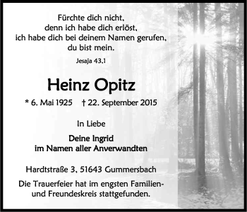 Anzeige von Heinz Opitz von Kölner Stadt-Anzeiger / Kölnische Rundschau / Express