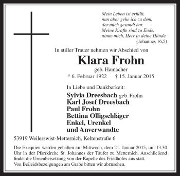 Anzeige von Klara Frohn von  Blickpunkt Euskirchen 