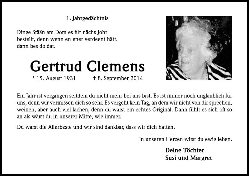  Traueranzeige für Gertrud Clemens vom 08.09.2015 aus Kölner Stadt-Anzeiger / Kölnische Rundschau / Express