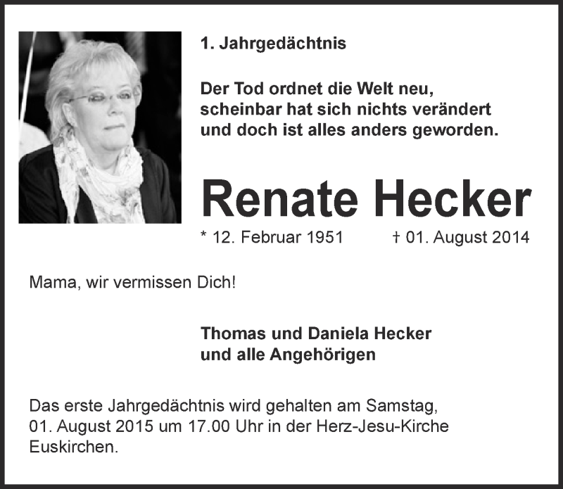  Traueranzeige für Renate Hecker vom 26.07.2015 aus  Blickpunkt Euskirchen 