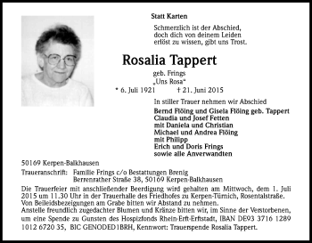 Anzeige von Rosalia Tappert von Kölner Stadt-Anzeiger / Kölnische Rundschau / Express