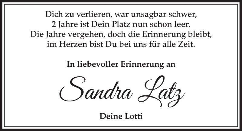  Traueranzeige für Sandra Latz vom 07.11.2015 aus  Sonntags-Post 