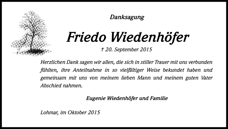  Traueranzeige für Friedo Wiedenhöfer vom 17.10.2015 aus Kölner Stadt-Anzeiger / Kölnische Rundschau / Express