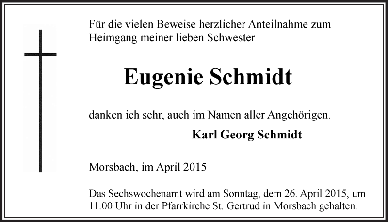  Traueranzeige für Eugenie Schmidt vom 22.04.2015 aus  Lokalanzeiger 