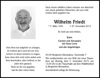Anzeige von Wilhelm Friedt von Kölner Stadt-Anzeiger / Kölnische Rundschau / Express