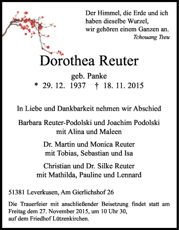 Anzeige von Dorothea Reuter von Kölner Stadt-Anzeiger / Kölnische Rundschau / Express