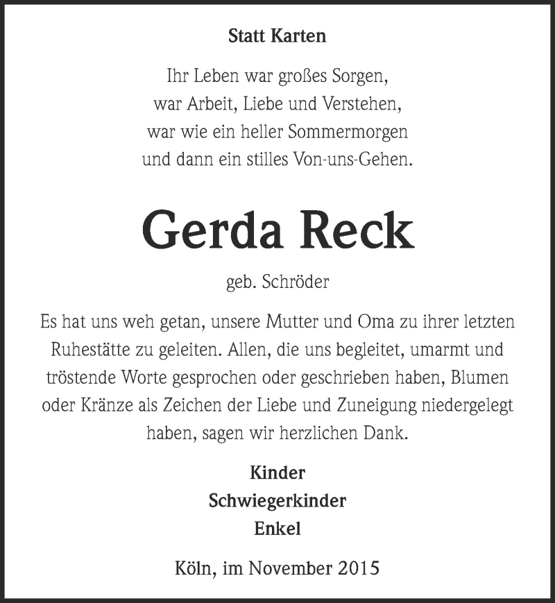  Traueranzeige für Gerda Reck vom 11.11.2015 aus  Kölner Wochenspiegel 