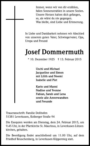 Anzeige von Josef Dommermuth von Kölner Stadt-Anzeiger / Kölnische Rundschau / Express