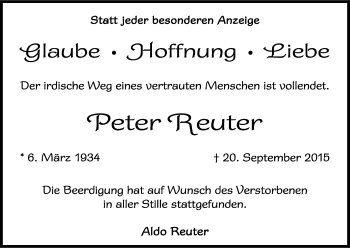 Anzeige von Peter Reuter von Kölner Stadt-Anzeiger / Kölnische Rundschau / Express