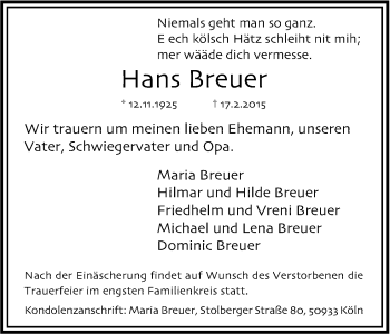 Anzeige von Hans Breuer von Kölner Stadt-Anzeiger / Kölnische Rundschau / Express