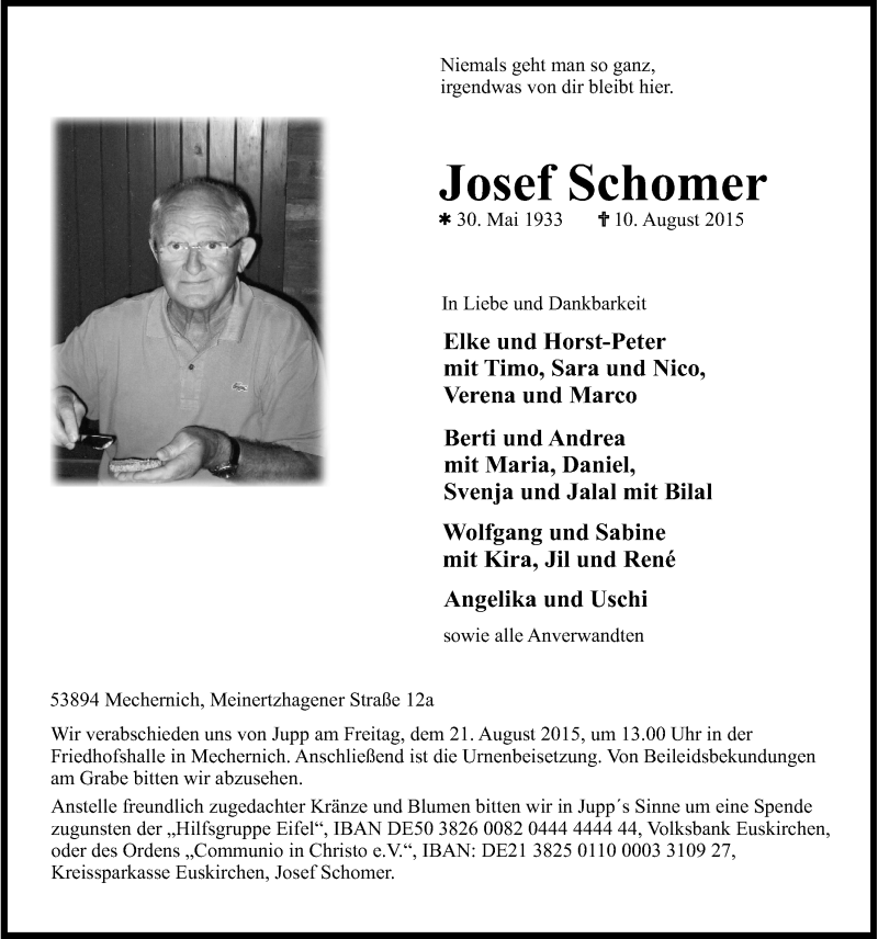  Traueranzeige für Josef Schomer vom 16.08.2015 aus  Blickpunkt Euskirchen 