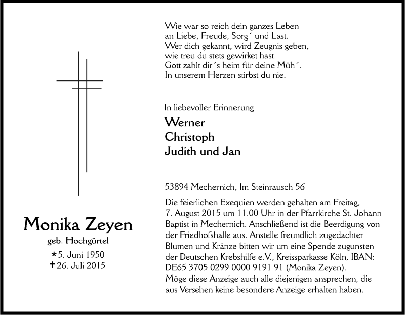  Traueranzeige für Monika Zeyen vom 01.08.2015 aus Kölner Stadt-Anzeiger / Kölnische Rundschau / Express