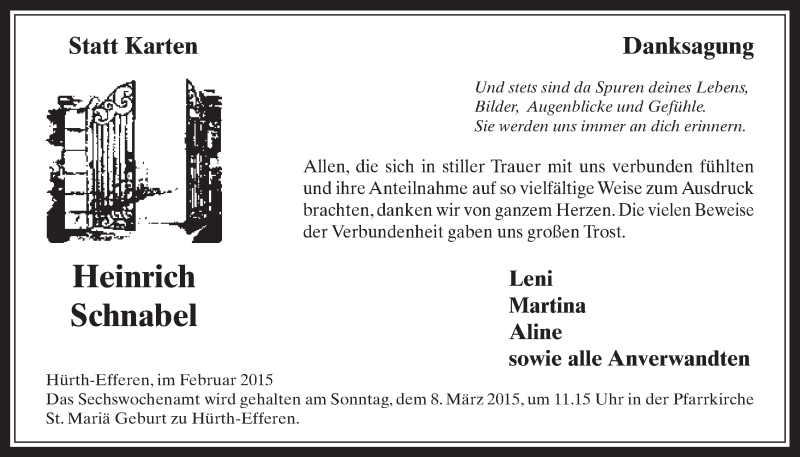  Traueranzeige für Heinrich Schnabel vom 25.02.2015 aus  Wochenende 