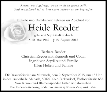 Anzeige von Heide Reeder von Kölner Stadt-Anzeiger / Kölnische Rundschau / Express