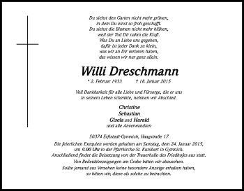 Anzeige von Willi Dreschmann von Kölner Stadt-Anzeiger / Kölnische Rundschau / Express