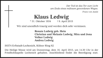 Anzeige von Klaus Ledwig von Kölner Stadt-Anzeiger / Kölnische Rundschau / Express