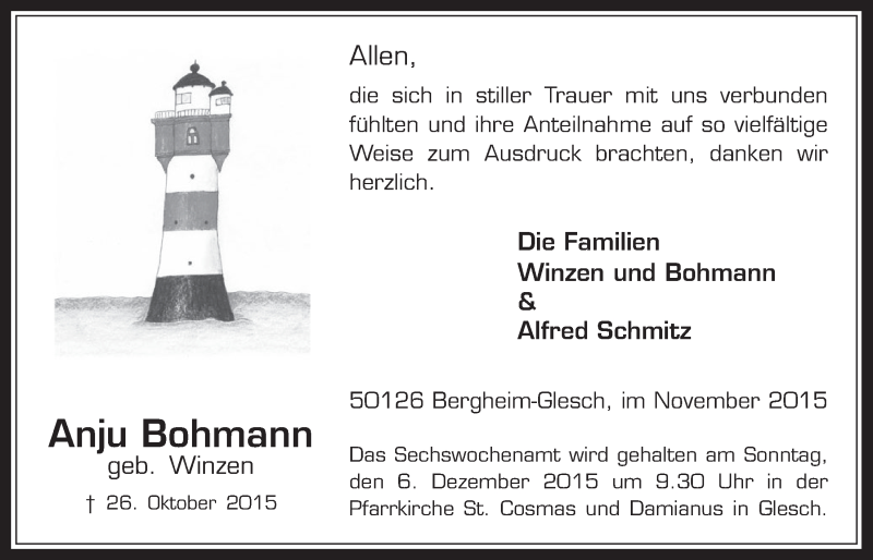  Traueranzeige für Anju Bohmann vom 25.11.2015 aus  Werbepost 